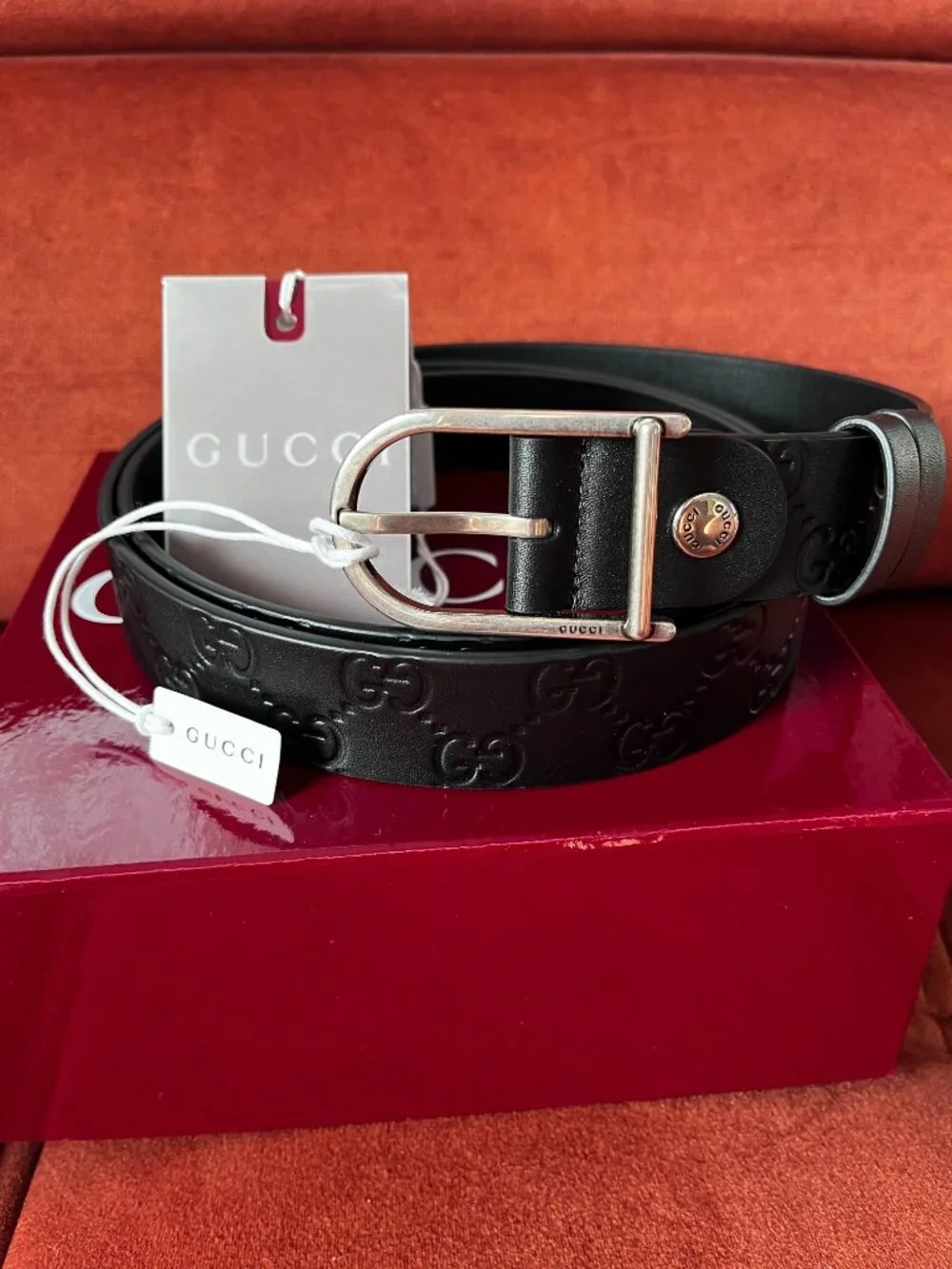 New Gucci Reversable Belt Embossed GG Black Leather Men's Size 120/47